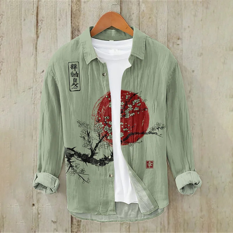 Men's Vintage Japanese Art Sunrise Casual Linen Blend Shirt (Green)