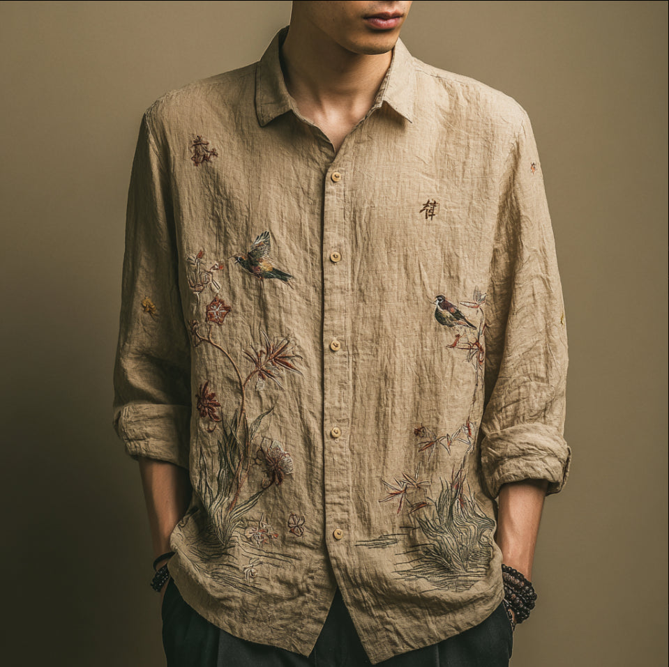 Japanese Art Style Retro Cotton And Linen Men's Large Size Shirt With Floral And Animal Elements.