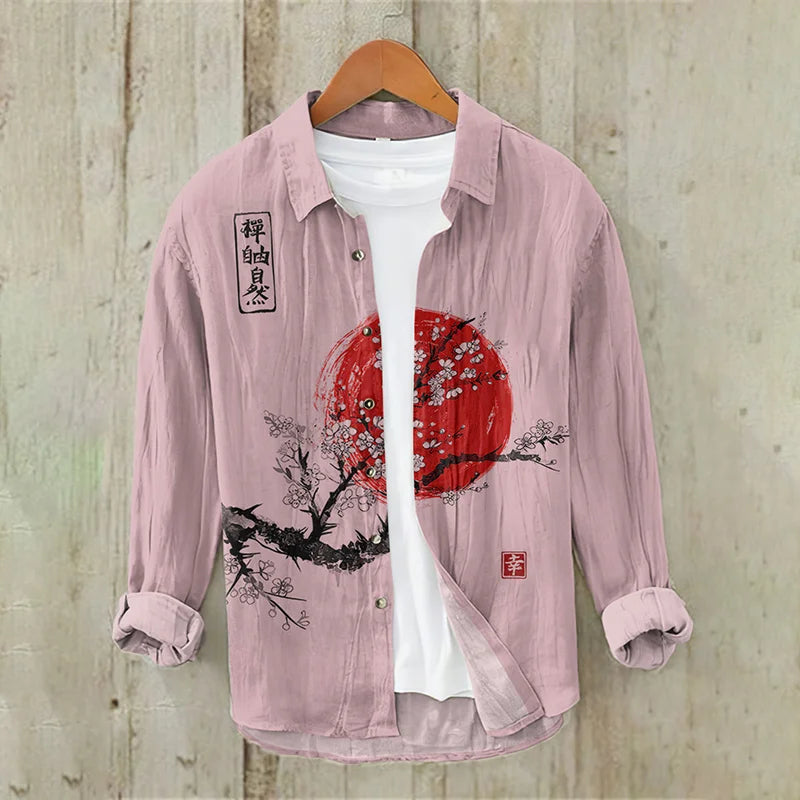 Men's Vintage Japanese Art Sunrise Casual Linen Blend Shirt (Pink)
