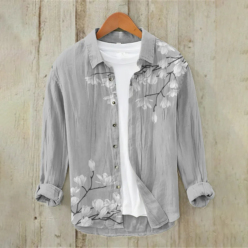 Men's Vintage Japanese Art Floral Casual Linen Blend Shirt (Grey)