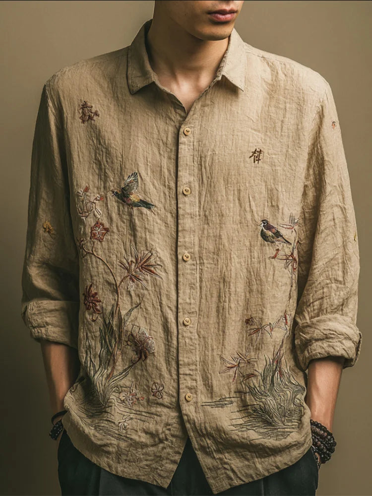 Japanese Art Style Retro Cotton And Linen Men's Large Size Shirt With Floral And Animal Elements.