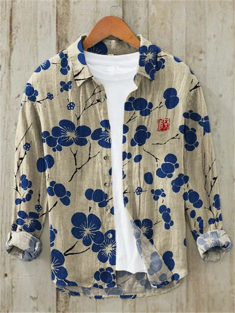 Cherry Blossom Japanese Lino Art Linen Blend Shirt (Navy)