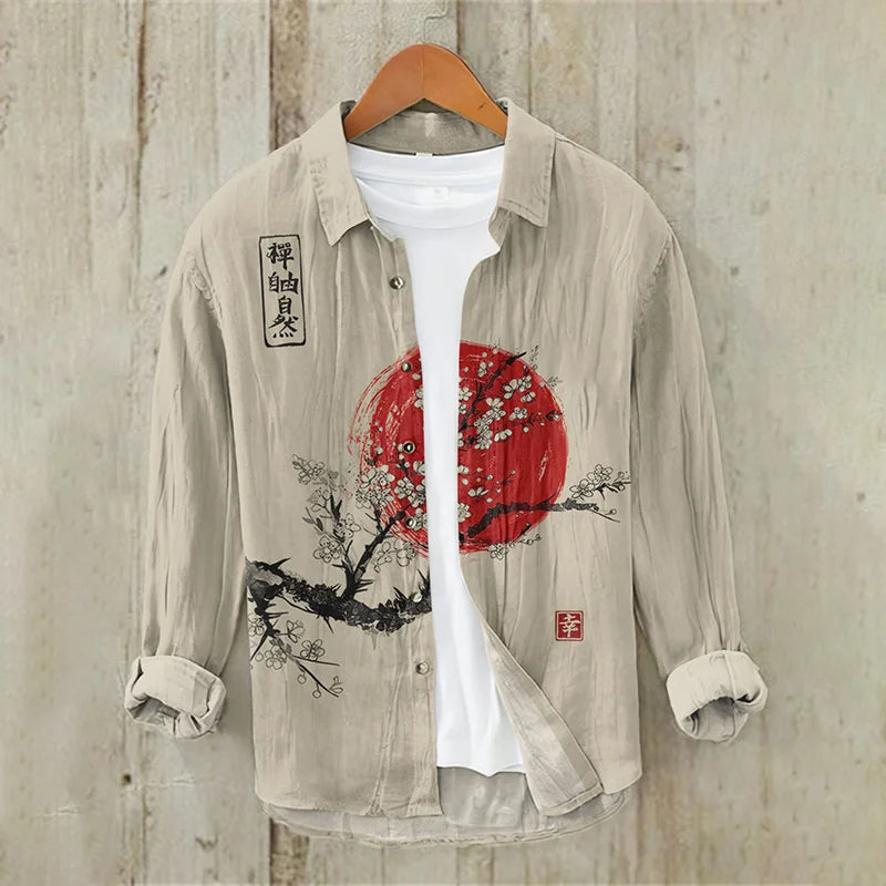Men's Vintage Japanese Art Sunrise Casual Linen Blend Shirt (Khaki)
