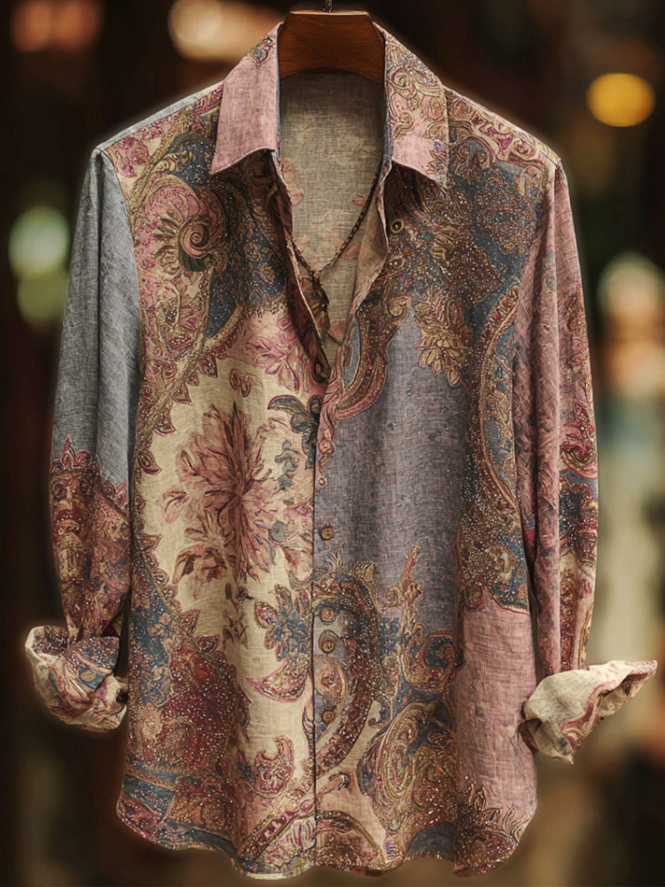 Bohemian Style Plant And Flower Pattern Men's Retro Cotton And Linen Shirt