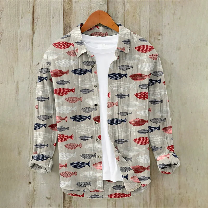 Fish Vintage Japanese Art Cotton And Linen Shirt