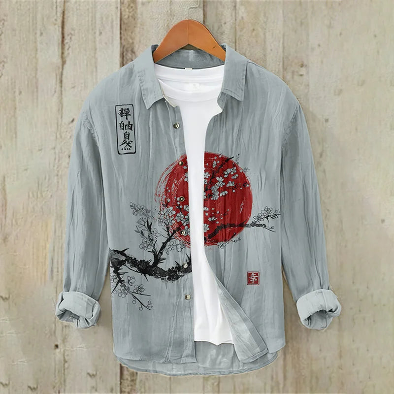 Men's Vintage Japanese Art Sunrise Casual Linen Blend Shirt (Blue)
