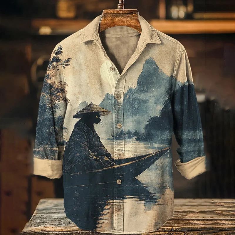 Men's Black Cat Rowing Landscape Ink Painting Art Print Long Sleeve Shirt