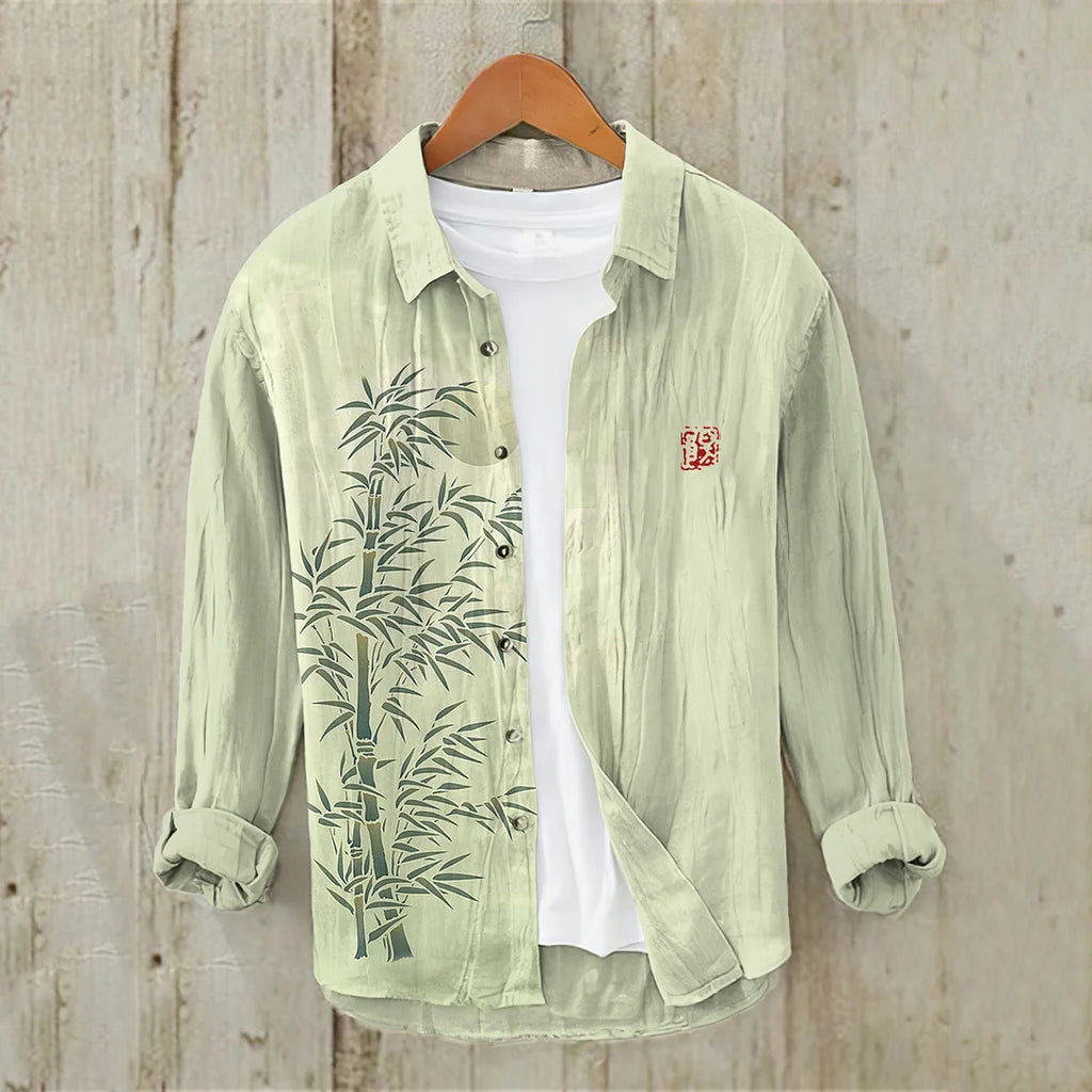 Bamboo Forest Full Moon Night Japanese Art Casual Linen Blend Shirt