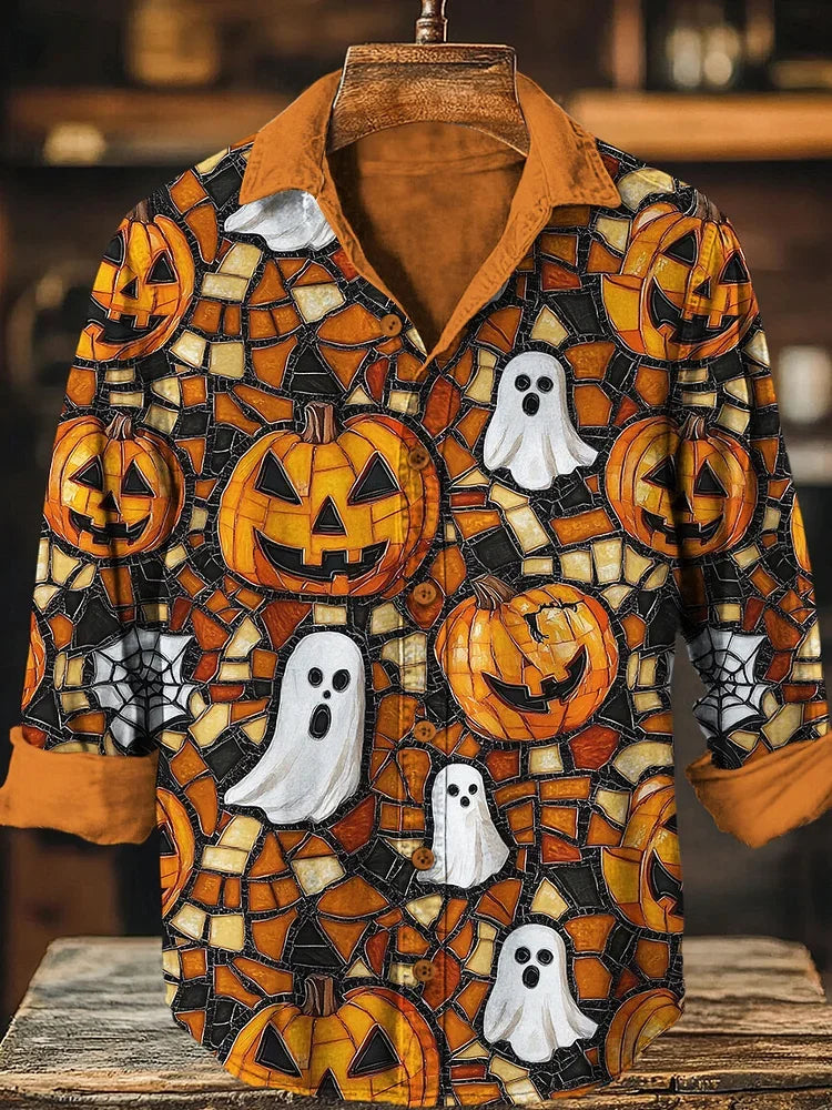 Men's Halloween Ghost Pumpkin Spider Web Vintage Long-sleeved Shirt With Rose Embroidery