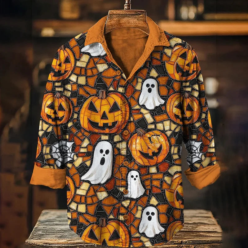 Men's Halloween Ghost Pumpkin Spider Web Vintage Long-sleeved Shirt With Rose Embroidery