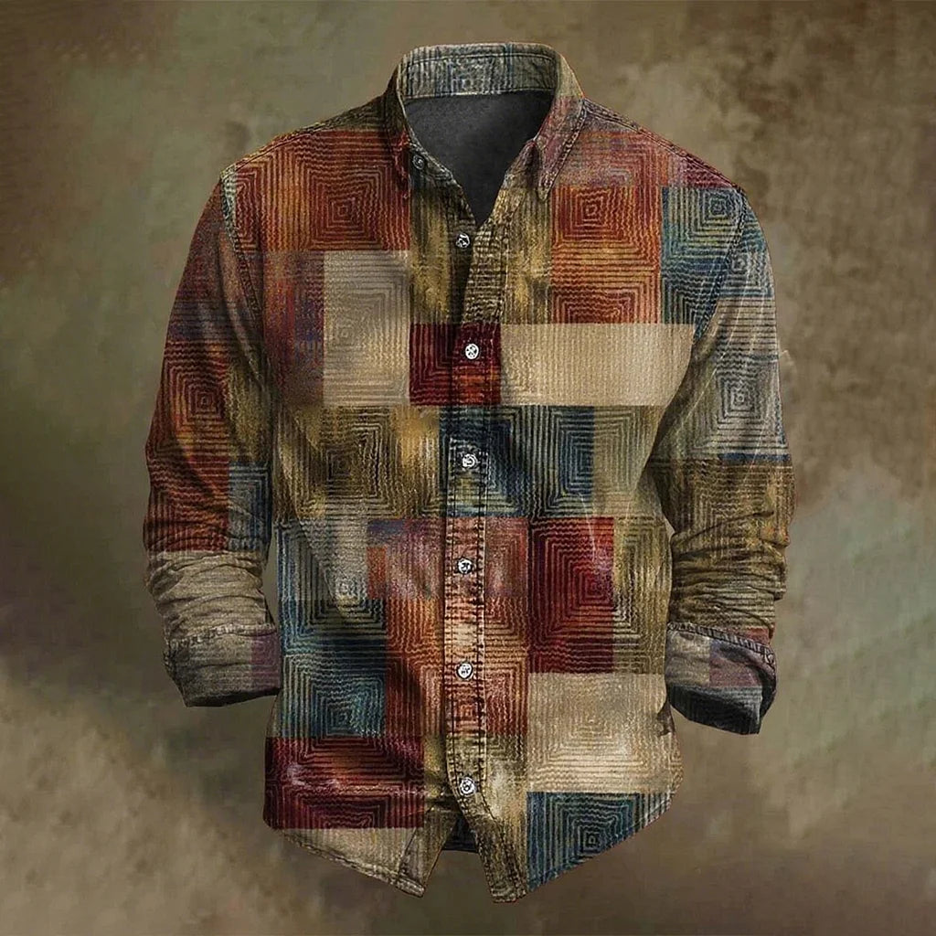 Men's Color Block Spiral Geometric Art Print Long Sleeve Shirt