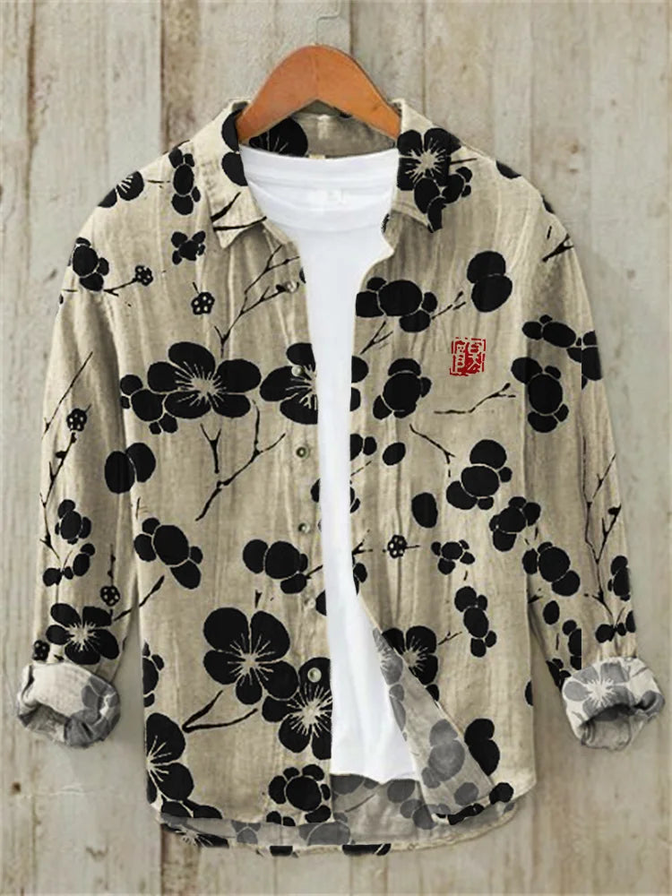 Cherry Blossom Japanese Lino Art Linen Blend Shirt (Black)