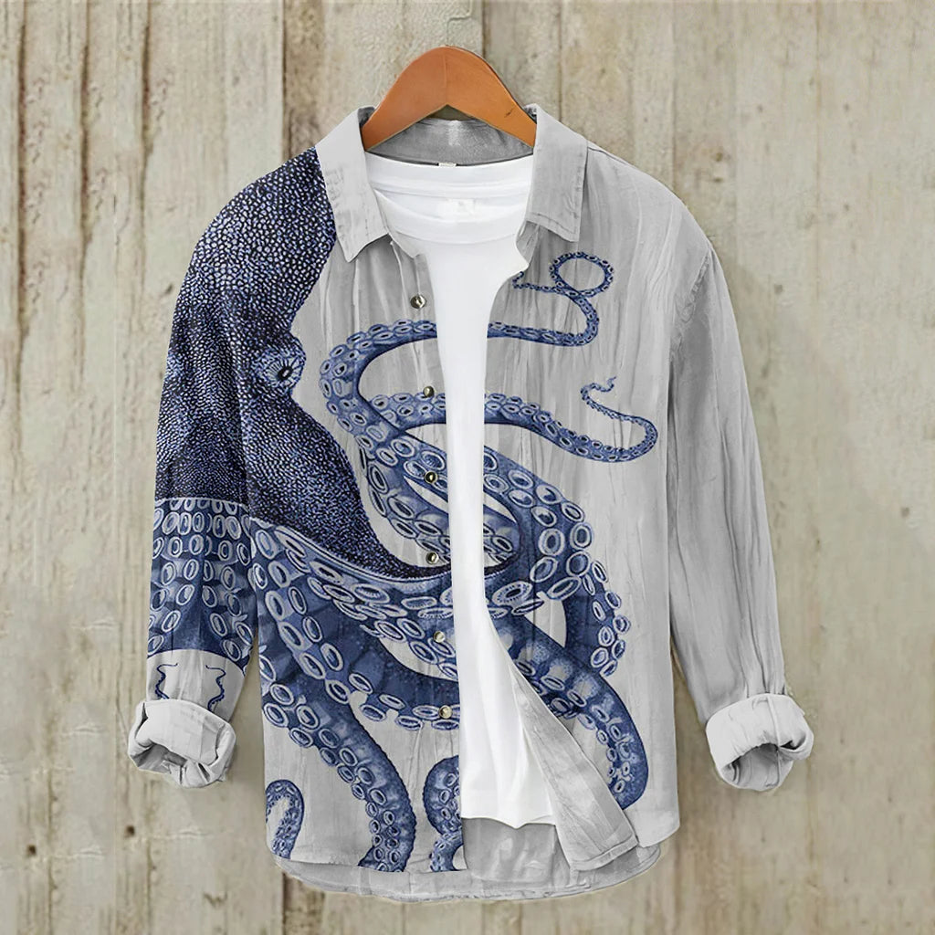 Japanese Art Octopus Printed Long Sleeves Shirt (Grey)