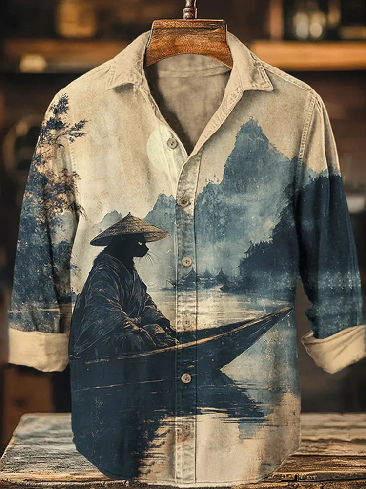 Men's Black Cat Rowing Landscape Ink Painting Art Print Long Sleeve Shirt
