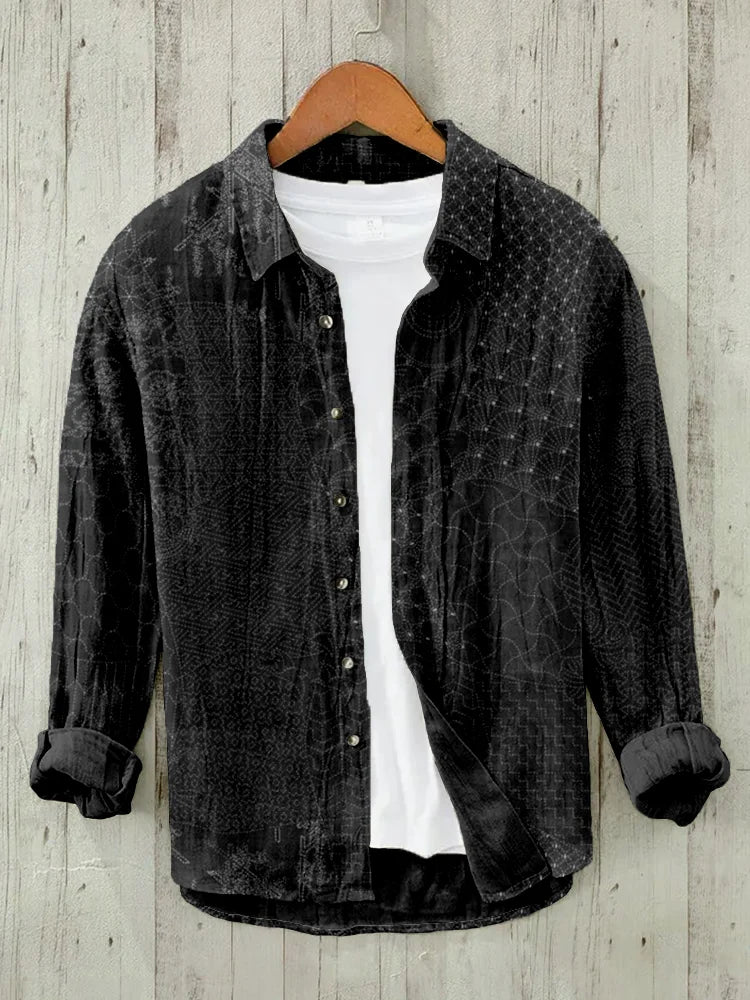 Japanese Traditional Sashiko Art Linen Blend Blouse (Black)