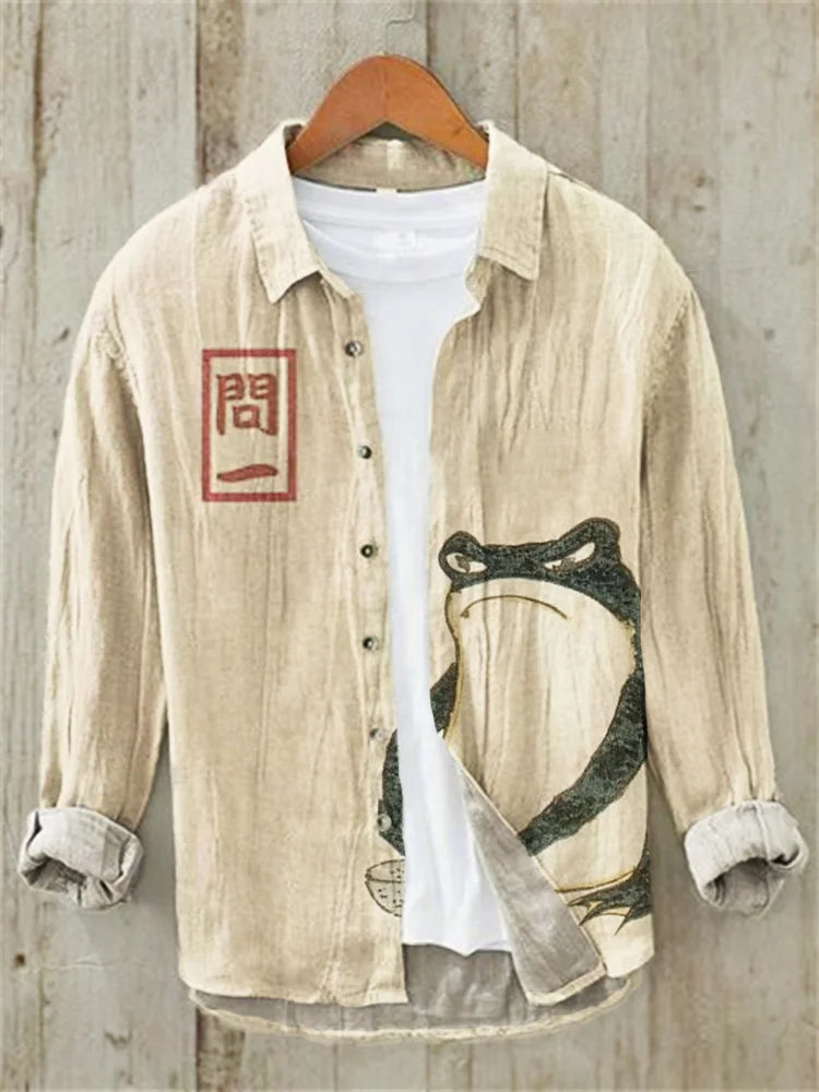 Japanese Art Angry Frog Print Linen Long Sleeve Shirt