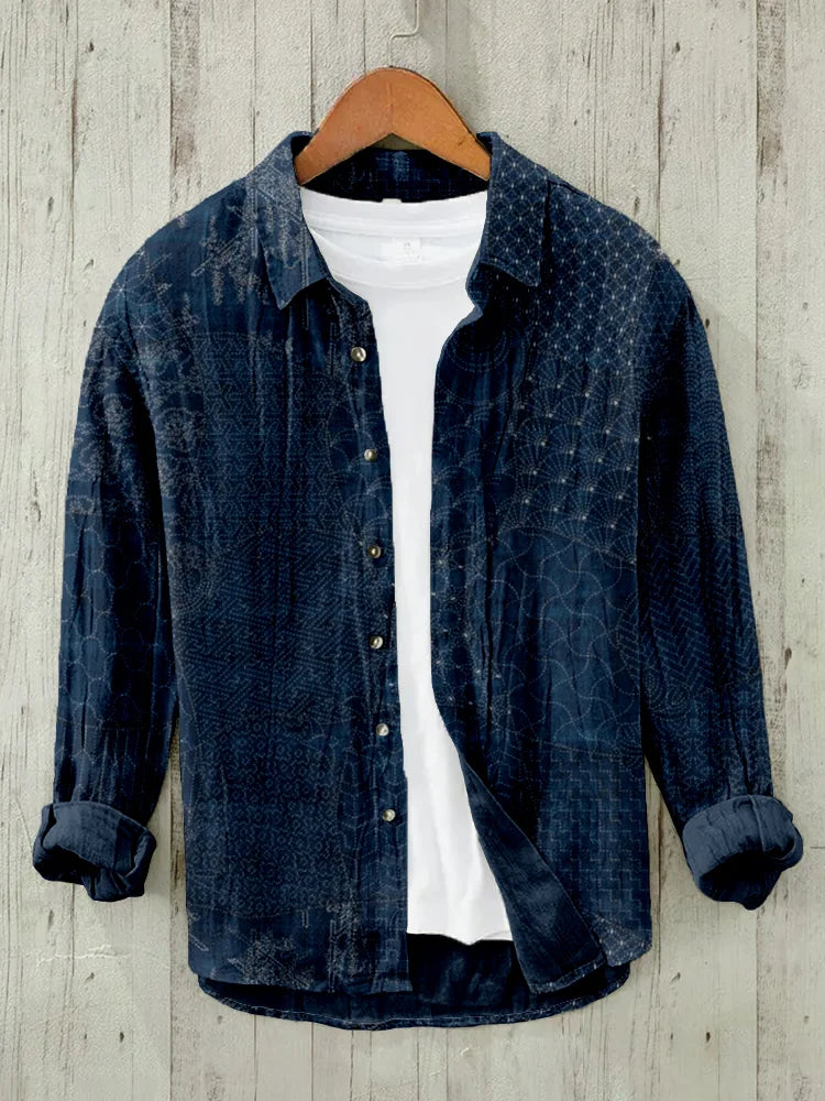 Japanese Traditional Sashiko Art Linen Blend Blouse (Navy)