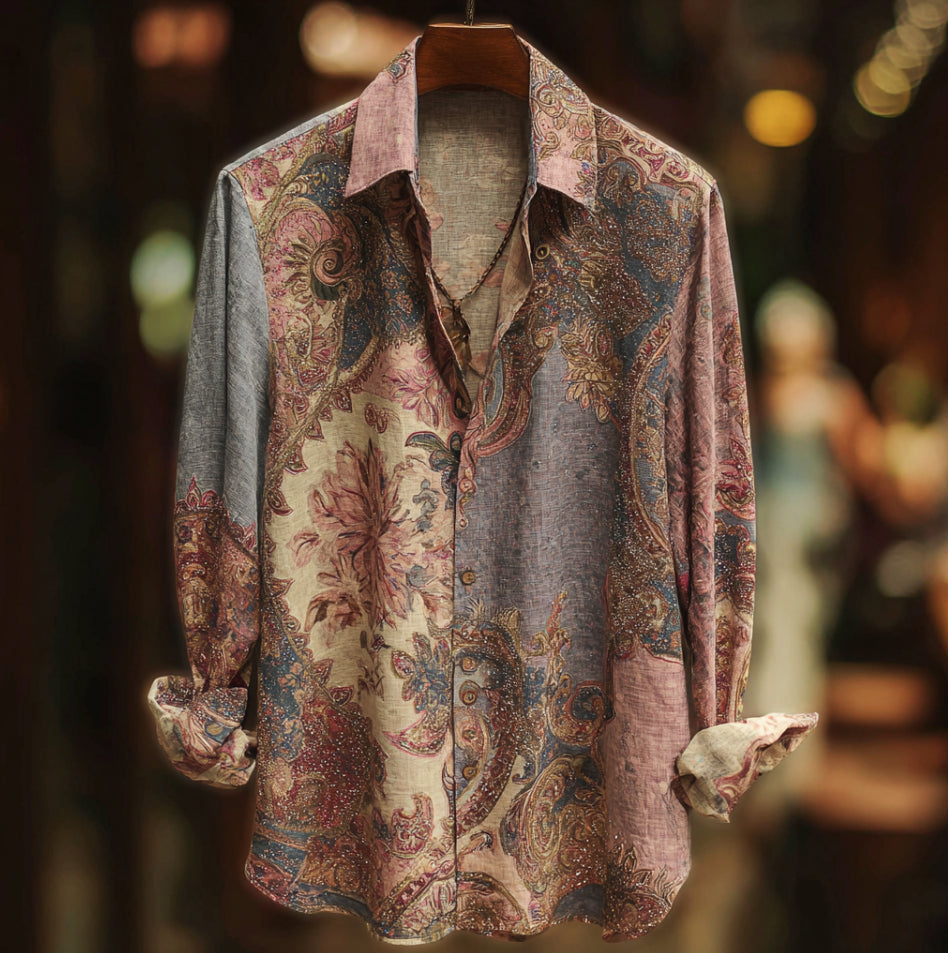 Bohemian Style Plant And Flower Pattern Men's Retro Cotton And Linen Shirt