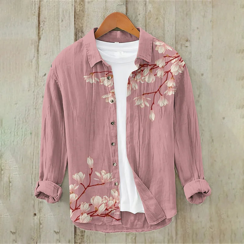 Men's Vintage Japanese Art Floral Casual Linen Blend Shirt (Pink)