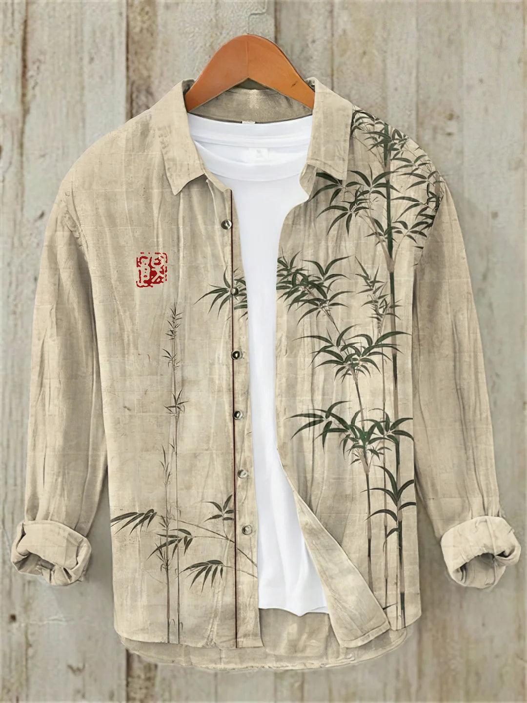 Bamboo Japanese Art Casual Linen Blend Shirt (Apricot)
