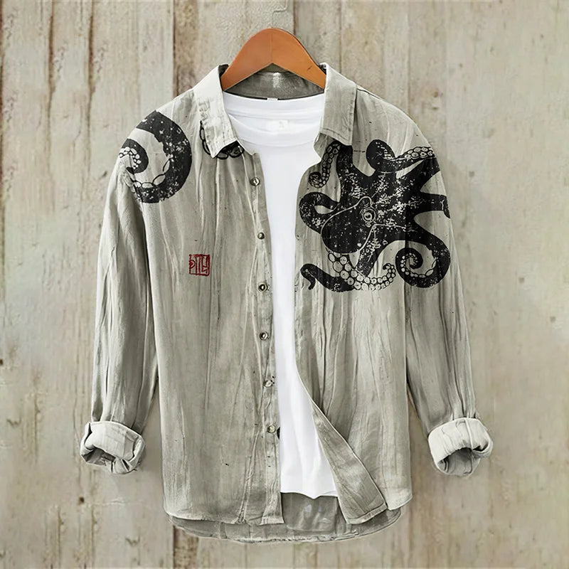 Vintage Japanese Art Octopus Button Casual Linen Blend Shirt