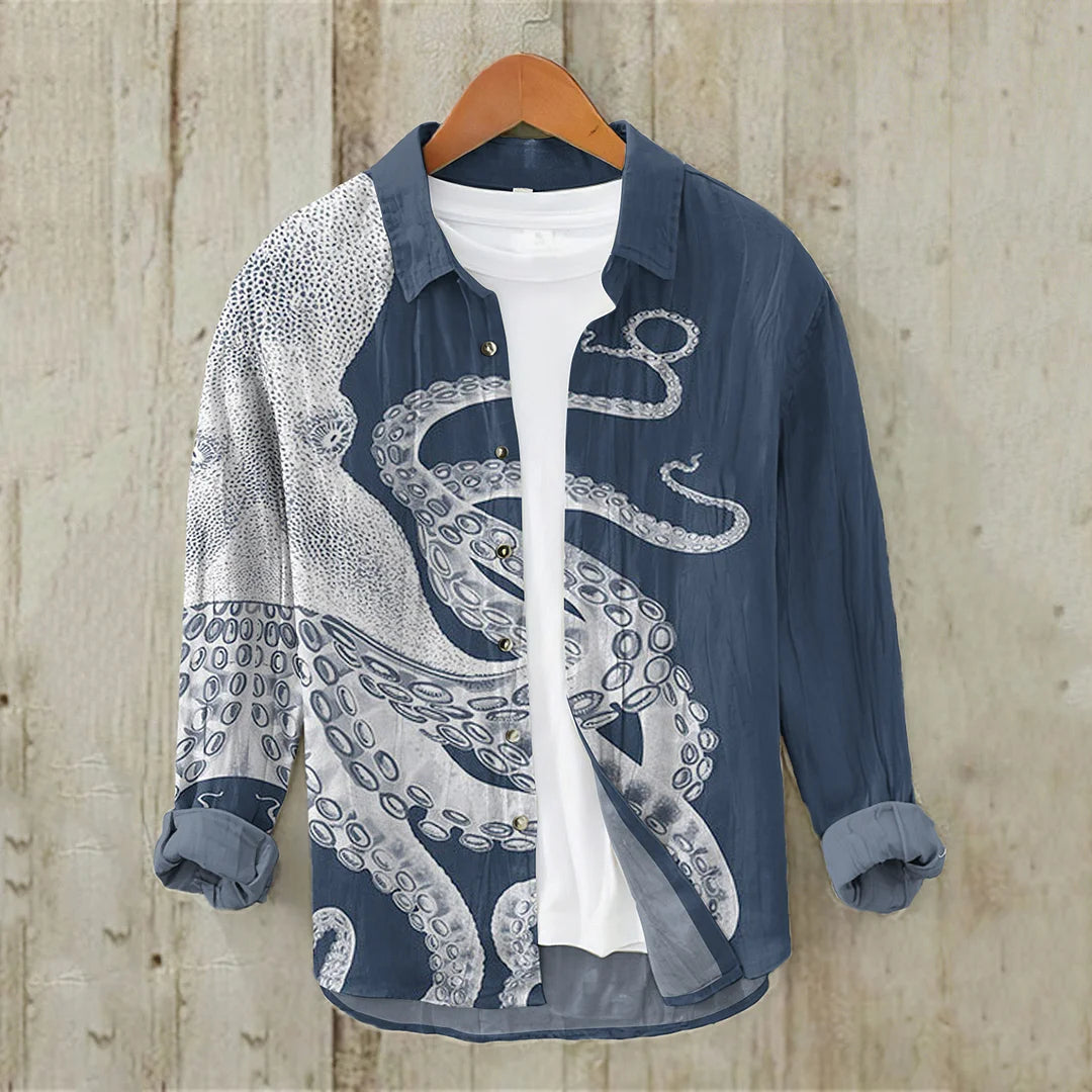 Japanese Art Octopus Printed Long Sleeves Shirt (Navy Blue)