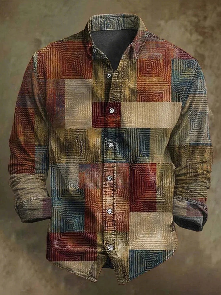 Men's Color Block Spiral Geometric Art Print Long Sleeve Shirt
